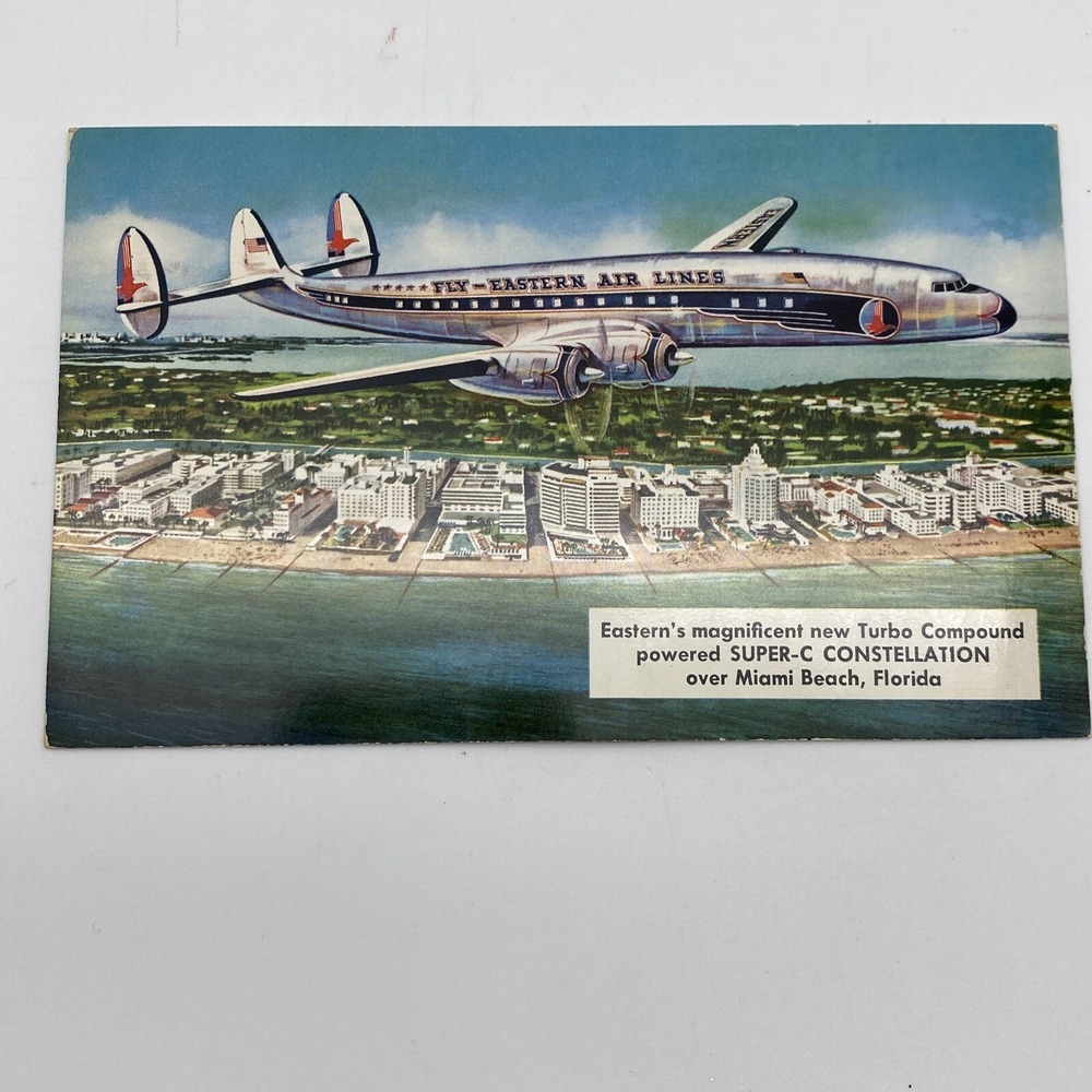 Vintage Eastern‎ Air Lines Postcard Airplane flying over Miami Beach Florida FL
